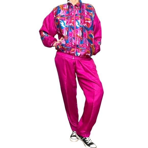 Vintage Pants - 90's Vintage Bright Pink Geometric Silk Track Suit Jacket Pants Set Large Retro